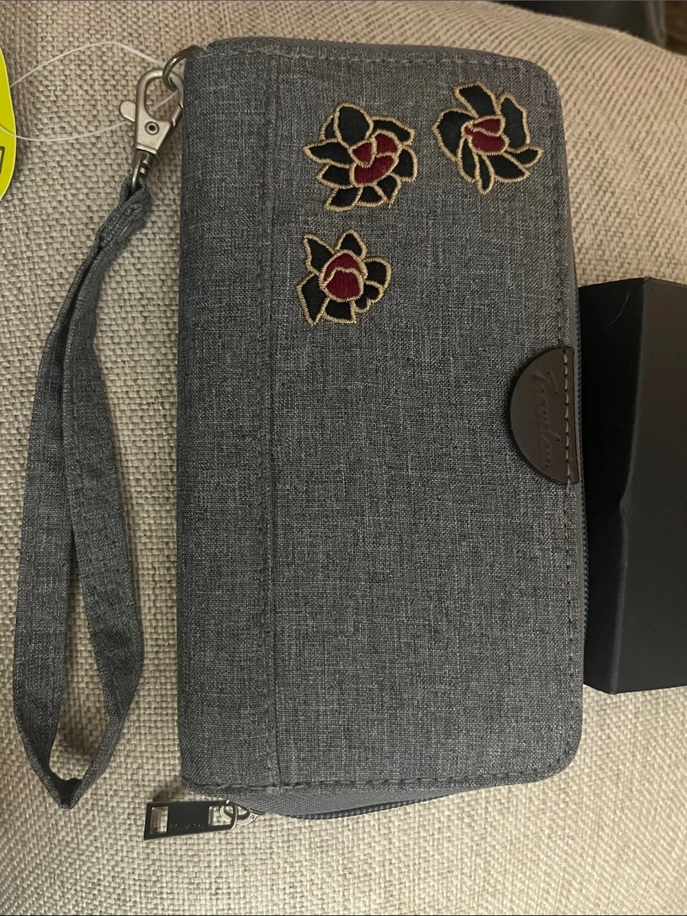Travelon Gray RFID Wallet Case with Embroidered Floral Accents